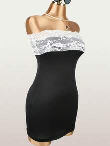 夏季性感女装蕾丝短裙约会之夜女装露肩派对女装 - 黑色 - 查看 6