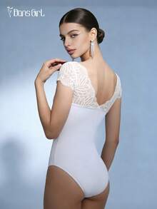DonsGirl 1pc Women V-Neck Lace Short Sleeve Leotard, Ballet/Contemporary Dance/Classical Dance/Yoga/Gymnastics Jumpsuit - White - View 5