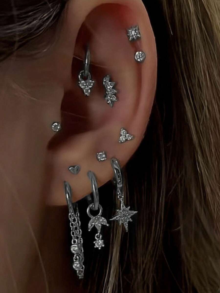 11pcs Sparkling Cubic Zirconia Multi-Layer Cartilage Earring Set With Star & Heart Pendants, Attractive Party Accessories For Women - Silver - View 1