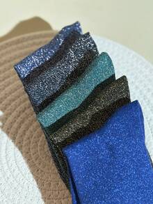 1/5双（随机发货）新款闪亮亮片女士透气中筒袜，多色亮面款式，纯色和糖果色可选，派对、聚会和日常穿搭必备，女士过膝袜 - 彩色 - 查看 8