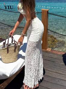 YIU优雅休闲白色针织镂空长裙，性感沙滩装，雪纺蕾丝质感，夏季度假连衣裙，情人节约会装 - 白色 - 查看 3