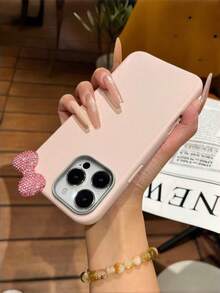 Premium Solid Pink Phone Case 2 Pieces Set (Case + Bowknot) | Exquisite Cover With Pink Sparkling Diamond Bowknot | Stylish Must-Have Accessory, Minimalist & Sweet Style | Perfect Gift For Friends & Besties On New Year, Valentine's Day & Birthdays | Shockproof, Anti-Slip & Scratch-Resistant | Compatible With IPhone 17/17 Pro/17 Pro Max - Pink - View 8