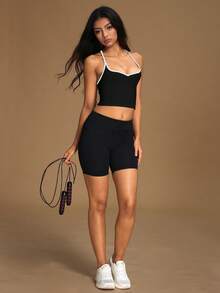 VVX Women Color Block Sweetheart Neck Crop Tank Tops Spaghetti Straps Sexy Backless Workout Yoga Sports Camisole Y2K Seamless Ribbed Casual Soft For Gym Daily Wear All Seasons - Black - View 7