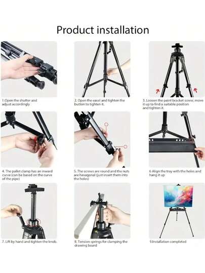 Kannettava, säädettävä alumiiniseoksesta valmistettu kolmijalkainen maalausteline, jossa on taitettava säilytyspussi ja tukeva jalusta, ihanteellinen ulkokäyttöön luonnosteluun, maalaamiseen ja näyttelyihin - täydellinen varuste taiteilijoille.