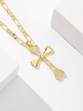  1pc Classic European Style Copper Inlaid Zirconia Jesus Cross Pendant Necklace, Limited Edition "Light Of Protection", Suitable For Christmas, Thanksgiving, Halloween, Mother's Day, Valentine's Day, Gifts For Couples, Friends, Church Members, First Holy Communion, Daily Wear And Prayer
