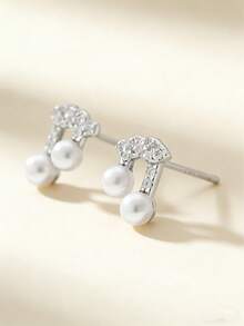 一对S925纯银音符造型耳环，镶嵌珍珠和锆石，优雅复古法式风格，适合日常、约会、派对、简约欧美风、亚洲优雅、中东奢华闪耀、复古欧式精致、职业女性、休闲外出、派对等各种场合。 - 音符 - 查看 3