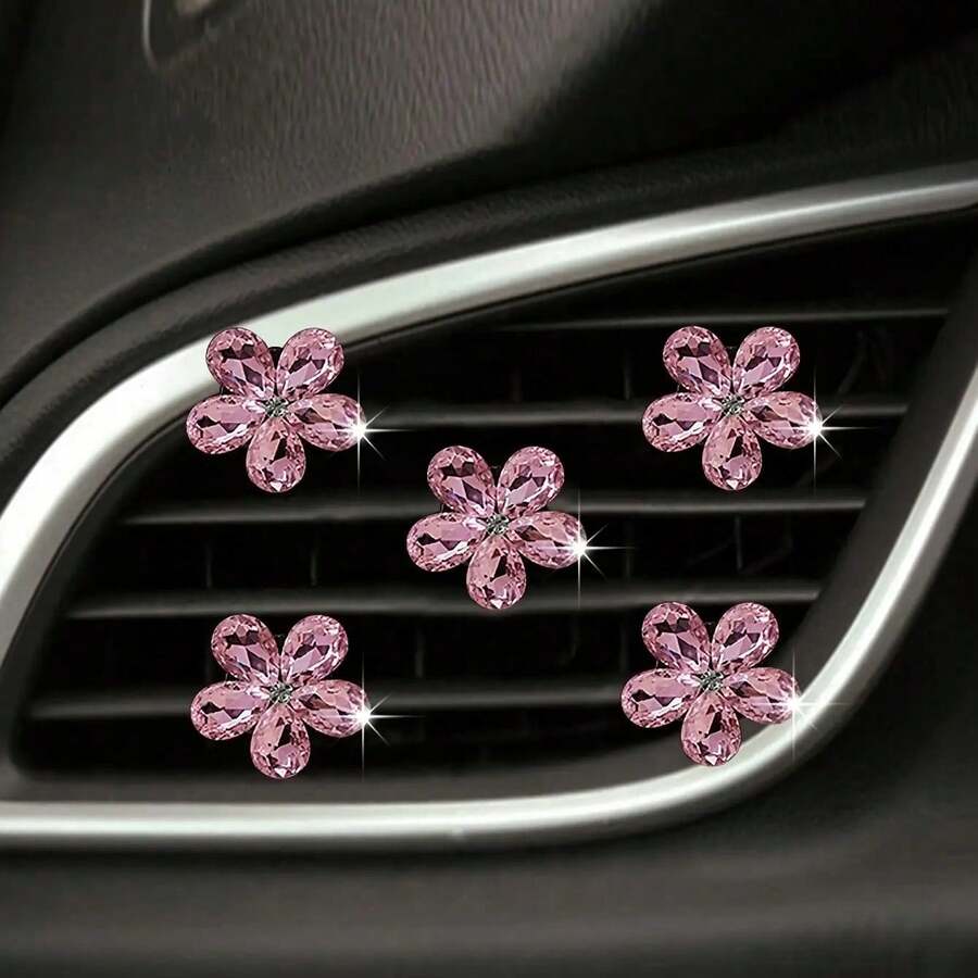 5Pcs Sparkling Crystal Flower Car Vent Clips, Aesthetic Rhinestone Five-Petal Floral Decor, Bling Interior Accessories For Women & Girls, Non-Electric Air Conditioner Outlet Charms - Pink - View 1