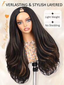 Tóc giả Yaki U Part gợn sóng 26 inch, màu đen pha trộn, chất liệu tổng hợp, kiểu V Part, dành cho nữ, tóc giả nửa đầu dài, thẳng xoăn, gợn sóng, không cần keo dán, dễ đội (P1B/30) - Nhiều màu - Xem 4