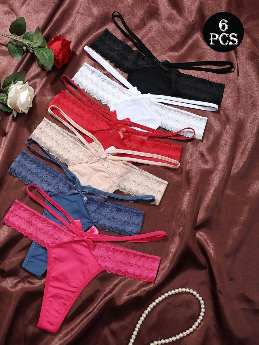 6pcs Plus Size Women Lace Patchwork Sexy Thong Panties, Shapewear Briefs - Multicolor - View 1