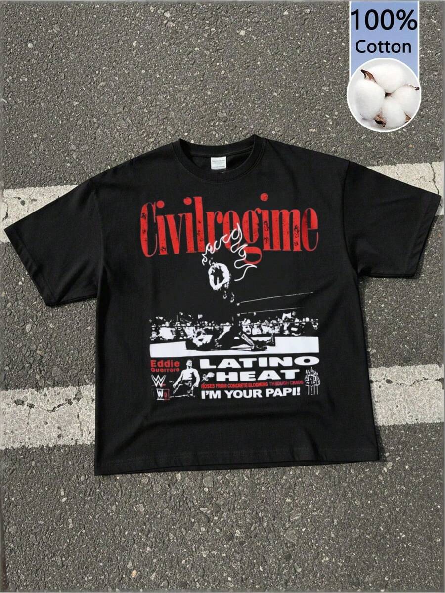 Men's Graphic 100% Cotton T-Shirt, Civil Regime Eddie Guerrero "Latino Heat" Wrestling Collage Print, Retro Style, Soft And Comfortable, Short Sleeve Round Neck, Daily Wear, All-Season Wear - Black - View 1