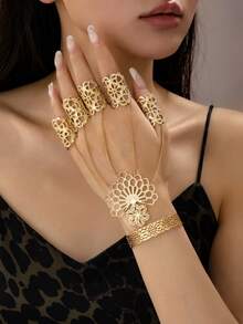 1 Set Vintage Floral Hollow Finger Ring & Bracelet, Exaggerated Personalized Fashion High-End Delicate Elegant, Suitable For Women's Daily Wear - Gold - View 1