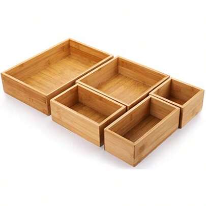 Set Of 5 Bamboo Drawer Organizer Boxes Desk Sge Box Kit Drawer Sge Containers Tray Bins For Office Kitchen Bedroom Room Craft Sewing