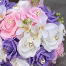 1件优雅浅紫色和粉色玫瑰金水晶瀑布新娘捧花，森系花果装饰，人造PE长泡沫玫瑰花束，永不凋谢，适用于新娘、伴娘、婚礼、情人节 PB1222B - 手捧花 - 查看 10