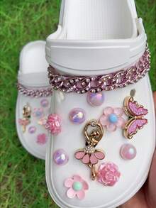 22颗DIY粉色水钻链，可拆卸粉色蝴蝶芭蕾舞鞋装饰纽扣，适用于沙滩鞋、镂空鞋、节日礼物，四季皆宜 - 粉色 - 查看 2