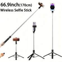 70 Inch Bluetooth Selfie Stick Tripod With LED Backlight, Wireless Remote Control, 360° Rotatable Phone Holder, Extendable Stable Anti-Shake Floor Tripod Stand For Live Streaming, Vlog, Travel, Outdoor Photography & Video Recording - Black - View 2