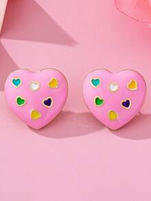 一对简约甜美风美式金属合金粉色珐琅爱心和彩色爱心组合耳钉，适合女性日常佩戴、社交场合、派对、情人节、送给女友/情侣的礼物 - 粉色 - 查看 5