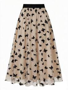 EARO Women's Long Butterfly Print Mesh A-Line Skirt, Flowing Fabric, High Waist - Apricot - View 1
