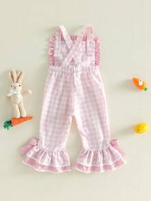 Monos para niñas, bonitos pantalones acampanados con lazos de conejo a cuadros, ropa de Pascua para uso diario informal. - Rosa - Ver 7