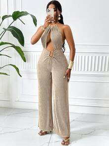 AIJ 女士优雅条纹印花露肩连体裤，金属装饰扣设计，适合通勤、商务和日常穿着，春夏款 - 淺杏色 - 查看 5