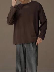AICJ 2pcs Men Casual Loose Pajama Set, Round Neck Long Sleeve Pullover Top With Pocket, Striped Long Pants, Knit Fabric, Suitable For Home, Party, Travel, Spring/Autumn/Winter - Brown - View 5