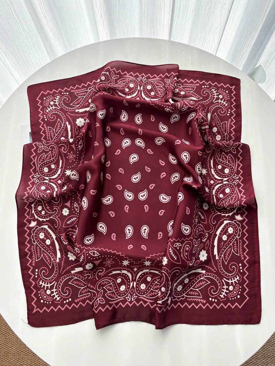 1pc Women's Luxury Chain Print Bandana Scarf, 70*70cm, Spring Accessory For Daily Wear - Burgundy - View 1