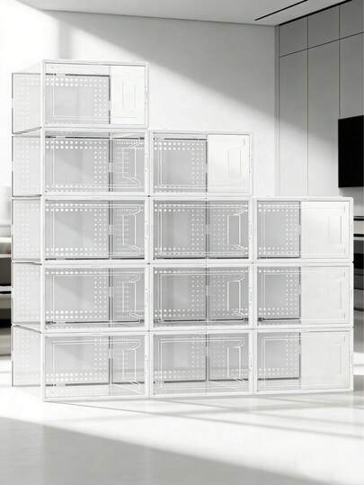 12-Pack Plastic Stackable Shoe Box Set - Clear | Foldable Shoe Storage Container | Sneaker Bins | Shoe Rack Box | Transparent | Portable Stacking Shoe Boxes Front Open