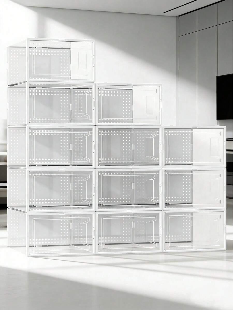 12-Pack Plastic Stackable Shoe Box Set - Clear | Foldable Shoe Storage Container | Sneaker Bins | Shoe Rack Box | Transparent | Portable Stacking Shoe Boxes Front Open - trắng - Xem 1