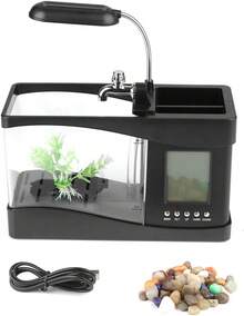 Acuario Recargable por USB con Luz LED, Pantalla LCD para Hora, Fecha, Temperatura, Soporte para Bolígrafo, Decoración para Sala de Estar, Dormitorio, Oficina (Negro) - Negro - Ver 10