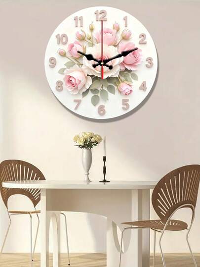 2D平面时钟，玫瑰图案主题设计，1个静音圆形壁挂式木质时钟，家居装饰和房间装饰的理想礼物（不含电池），2D平面