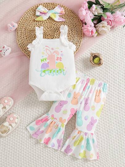 Baby Girls' Cute Rabbit Pattern Round Neck Camisole Top With Colorful Letter & Rabbit Print, And Floral Rabbit Print Bell-Bottom Pants Set With Headband, Suitable For Vacation, Daily Wear, Easter Outfit