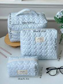 1件/套蓝色格子绗缝大容量化妆包化妆品收纳包，女孩甜美时尚便携化妆包旅行化妆包，多功能拉链收纳袋，可装口红、卫生巾、硬币、钥匙、发夹、发圈等，可爱旅行洗漱包旅行收纳化妆包，母亲节礼物，开学礼物，新年礼物 - 藍色 - 查看 10