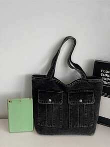 时尚大容量女士手提包，多功能多口袋帆布单肩包，适合大学生和通勤族使用。 - 黑色 - 查看 7