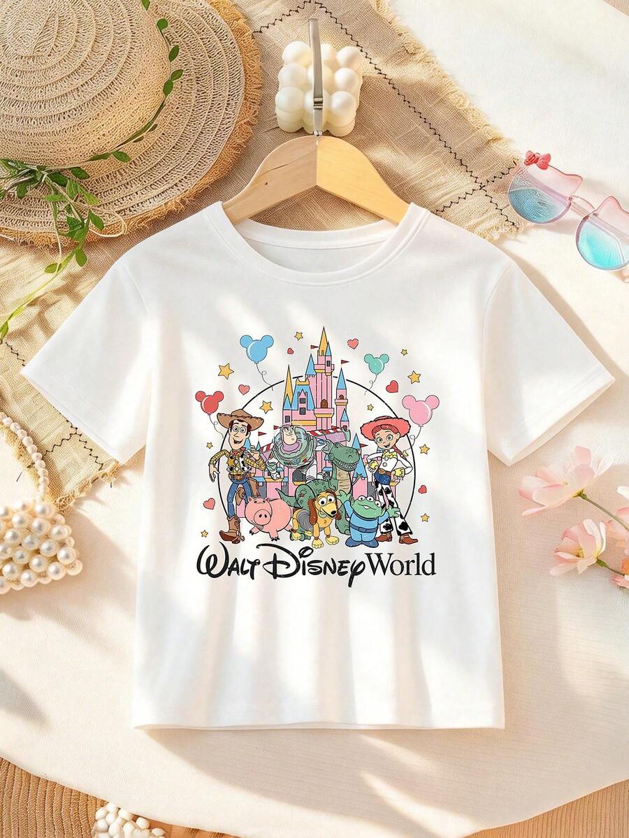 Disney Toy Story Alphabet Print Pattern Girls' T-Shirt - Children's Clothing Design Short-Sleeve Casual Cute Style Comfortable And Relaxed Suitable For Boys And Girls, Perfect For Parties And Play Machine Washable Gift Children's Clothing Girls' Short-Sleeve Shirt - 白色 - 查看 1