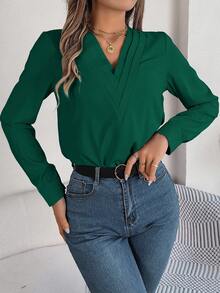 Blusa de manga larga con cuello en V de unicolor, elegante y casual para mujer, primavera/verano - Verde - Ver 5