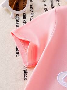 两件套女婴休闲时尚蝴蝶结刺绣短袖T恤上衣和3D蝴蝶结毛边牛仔长裤套装 - 粉色 - 查看 5