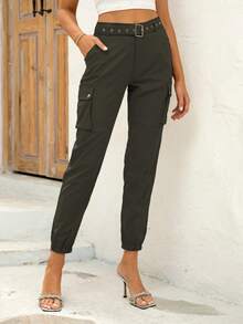 Elastic Hem Utility Pants With Side Pockets Spring - Army Green - View 5