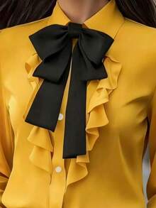 Kemeja Lengan Panjang Wanita Elegan dengan Hiasan Ruffle dan Pita, Desain Kancing Depan Warna Polos, Cocok untuk Acara Kerja dan Kasual, Blus Kasual, Atasan Elegan untuk Musim Semi - Kuning - View 5