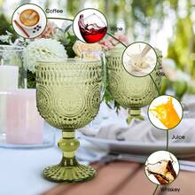 Sunflower Embossed Wine Glasses Set Of 6 – 10oz Green Vintage Goblets, Dishwasher Friendly Stemmed Drinking Cups For Wedding Toast, Cocktail, Juice & Home Entertaining - màu xanh lá - Xem 9