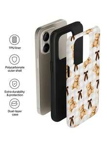 1pc Cute Cartoon Bear Bowknot Retro Plaid Pattern Glossy 2-In-1 Filmic Hard Phone Case, Suitable For Samsung/ 11/12/13/14/15/16/17 Pro Max - Multicolor - View 5