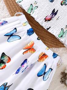 Young Girls' Colorful Butterfly Print Petal Sleeve Crop Top And Pleated Skirt 2-Piece Casual Outfit, Spring/Summer - White - View 5