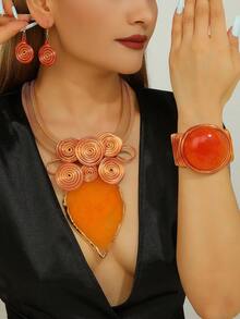 1 Set Handmade Exaggerated Multi-Layer Aluminum Wire Woven Resin Chain Bohemian European Middle Eastern Style Necklace, Earrings, Bracelet With Artificial Crystal Shapes, Suitable For Evening Party, Vacation - Orange - View 7