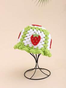 1件装女士复古镂空透气手工钩编花卉装饰多功能轻便头巾帽，适合户外和日常佩戴 - 草莓 - 查看 16