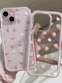 1个粉色郁金香美学图案个性化边框透明全覆盖防震时尚手机保护壳，兼容 11 12 13 14 16 17 Pro Max - 彩色 - 查看 5