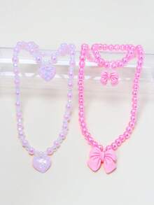2pcs/Set Girls Cute Bow Heart Pendant Pearl Beaded Bracelet Necklace Jewelry Set, Suitable For Holiday Party, School, Birthday Gift