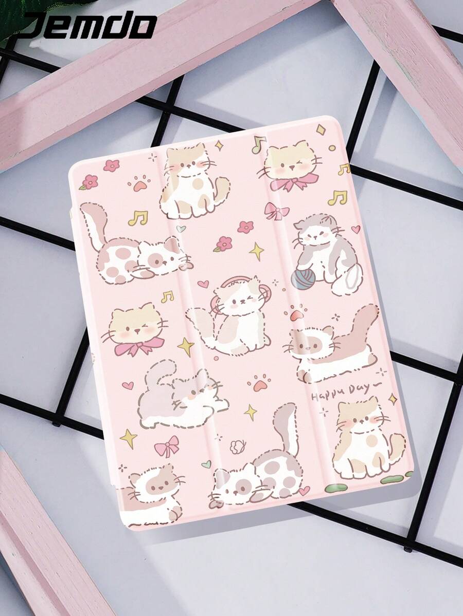 1pc Cute Pink Cartoon Cat Paradise Pattern Tablet Protective Case, Tri-Fold Stand Protective Shell With Pencil Slot, Anti-Drop, Compatible With IPad 10.2/12.9" IPad Pro 11" 2021/2020/IPad (A16) 11" 11th Gen 2025 IPad 8th/9th/10th Gen, Galaxy Tab A8 10.5" 2022, Matepad 10.4/Tab, Support Sleep/Wake, Protect Your Beloved Device, Romantic Valentine's Day Gift - Multicolor - View 1