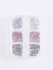 6格3D迷你彩色平底美甲水钻套装，包含各种形状的玻璃AB水晶宝石、粉色和透明玻璃心形平底钻石，DIY工艺装饰工具，适用于面部、衣物和指甲，美甲饰品，美甲用品