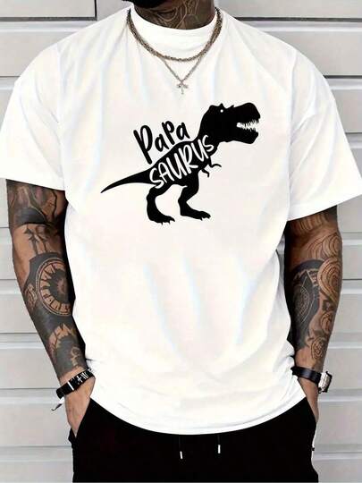 Camiseta de manga corta con cuello redondo y estampado de dinosaurio en la parte delantera, cómoda, de tela transpirable, estilo deportivo casual, regalo de cumpleaños, regalo de vacaciones, una pieza, 80% algodón, 20% fibra de poliéster, 180g