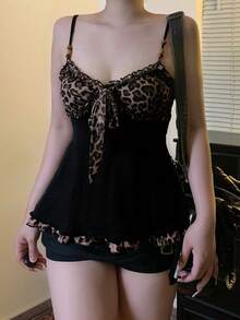 Y2K Leopard Print A-Line Camisole Tank Top, Women Street Fashion 90s Sexy Sleeveless Tie Front Crop Top, Vintage Midriff Revealing Summer Versatile Party Camisole, Vacation, Date Night, Valentine's Day Casual Black - Black - View 1