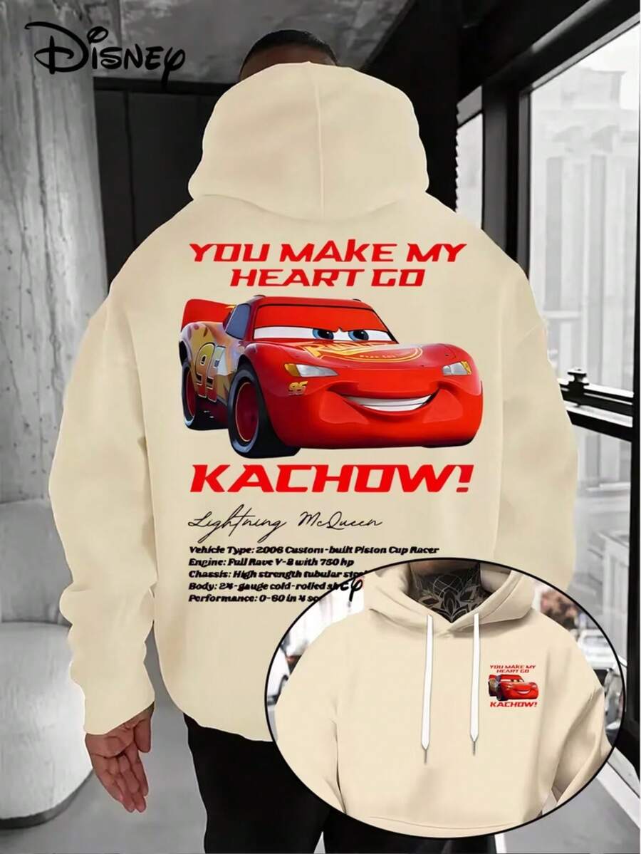 2026Disney Men's Hoodie-Men's McQueen Pattern Pullover, Loose Hooded Sweater In Front Pocket, Suitable For Casual Wear, Birthday Gifts For Disney Fans, Travel Clothes, Playful Design, Comfortable Fabrics, Fan Clothes, Movie Lovers, Home Clothes, Durable Materials, Printed Sweatshirts, Men. - Apricot - View 1
