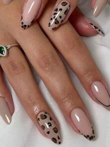 24Pcs Nude Pink Leopard Press On Nails, Oval Fake Nails, Minimalist Leopard Pattern, Sweet Edgy Style, Perfect For Daily Casual & Brunch Looks, Easy To Apply Nail Supplies - Multicolor - View 2